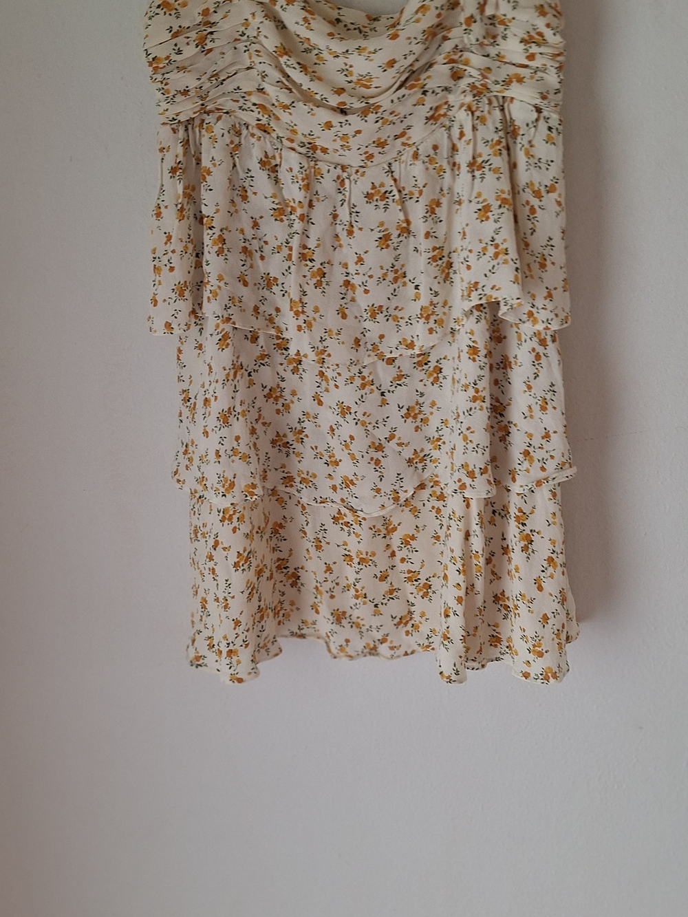 Reformation  Cream Strapless Tier Dress Yellow Floral Print Sz M 100%viscose